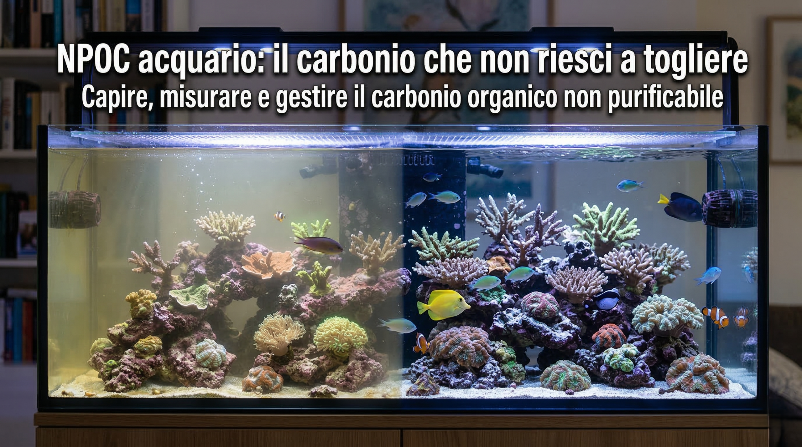 Acquario marino reef che mostra la differenza tra acqua con NPOC elevato (giallastra) e acqua con basso carbonio organico (cristallina)