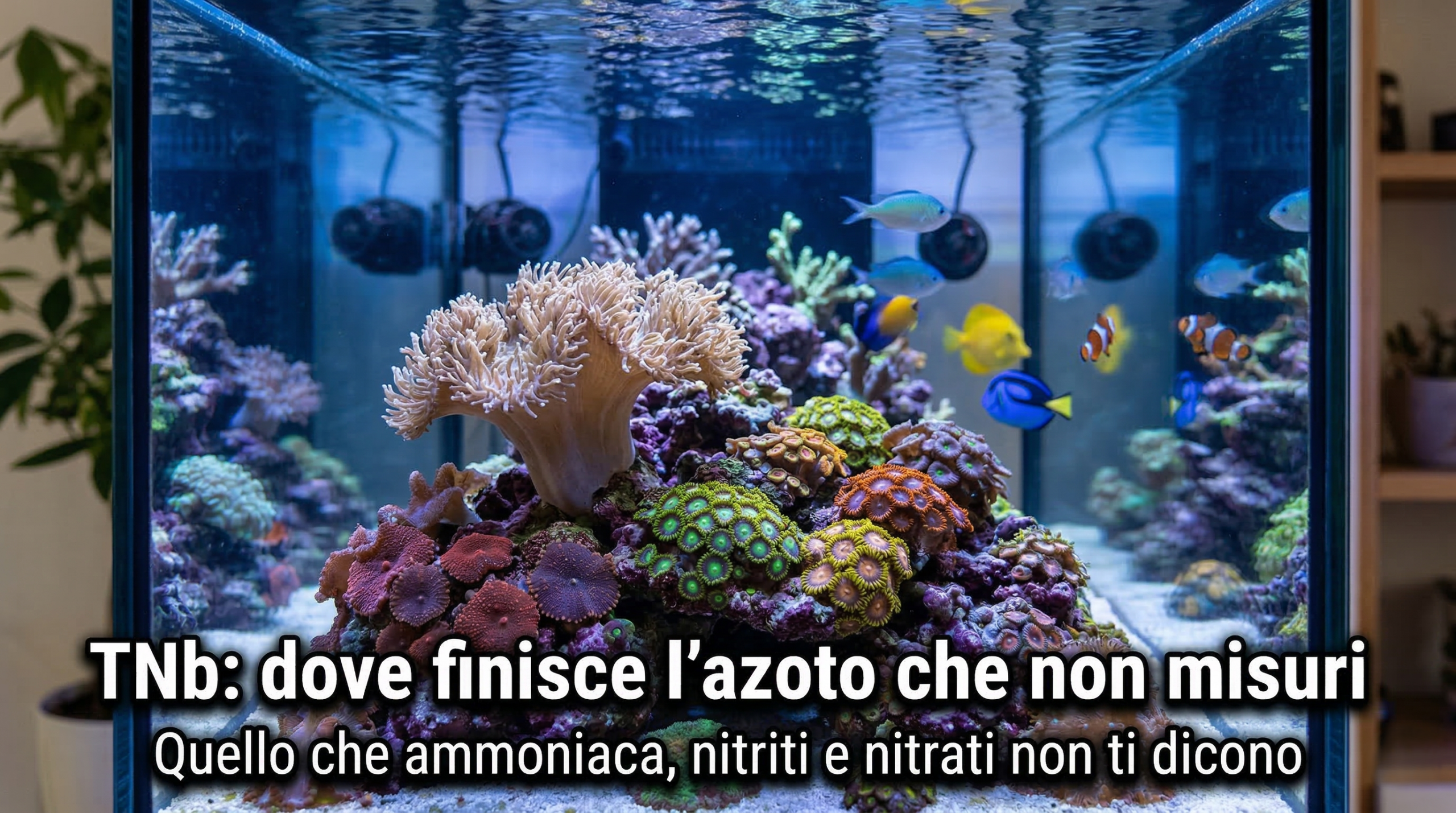Acquario marino reef con coralli molli e zoantidi sotto luce LED