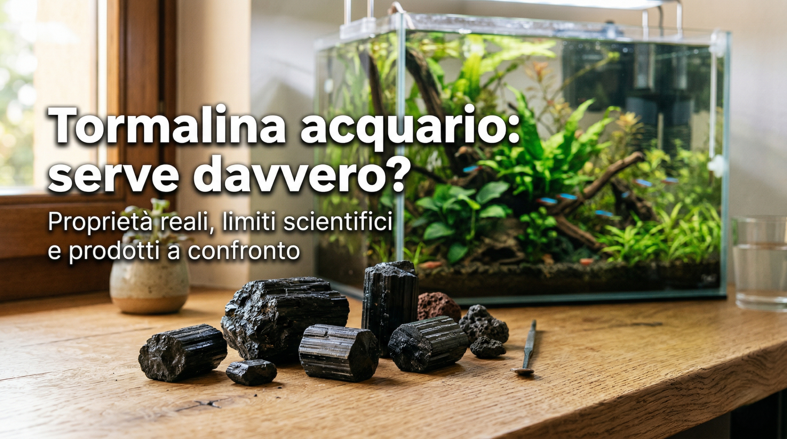 Cristalli di tormalina nera accanto a un acquario plantumato tormalina acquario guida completa